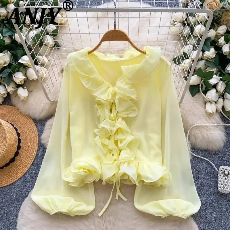 

ANJY Spring Autumn New Women French Style Elegant Lace-Up Ruffles Spliced Long Sleeve Chiffon Blouse Design Stylish Shirt A23937