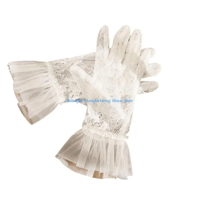 E56A الدانتيل زهرة قفازات السهرة قفازات شفافة للعروس مناسبة رسمية مريحة حفل زفاف العروس اليد الملحقات