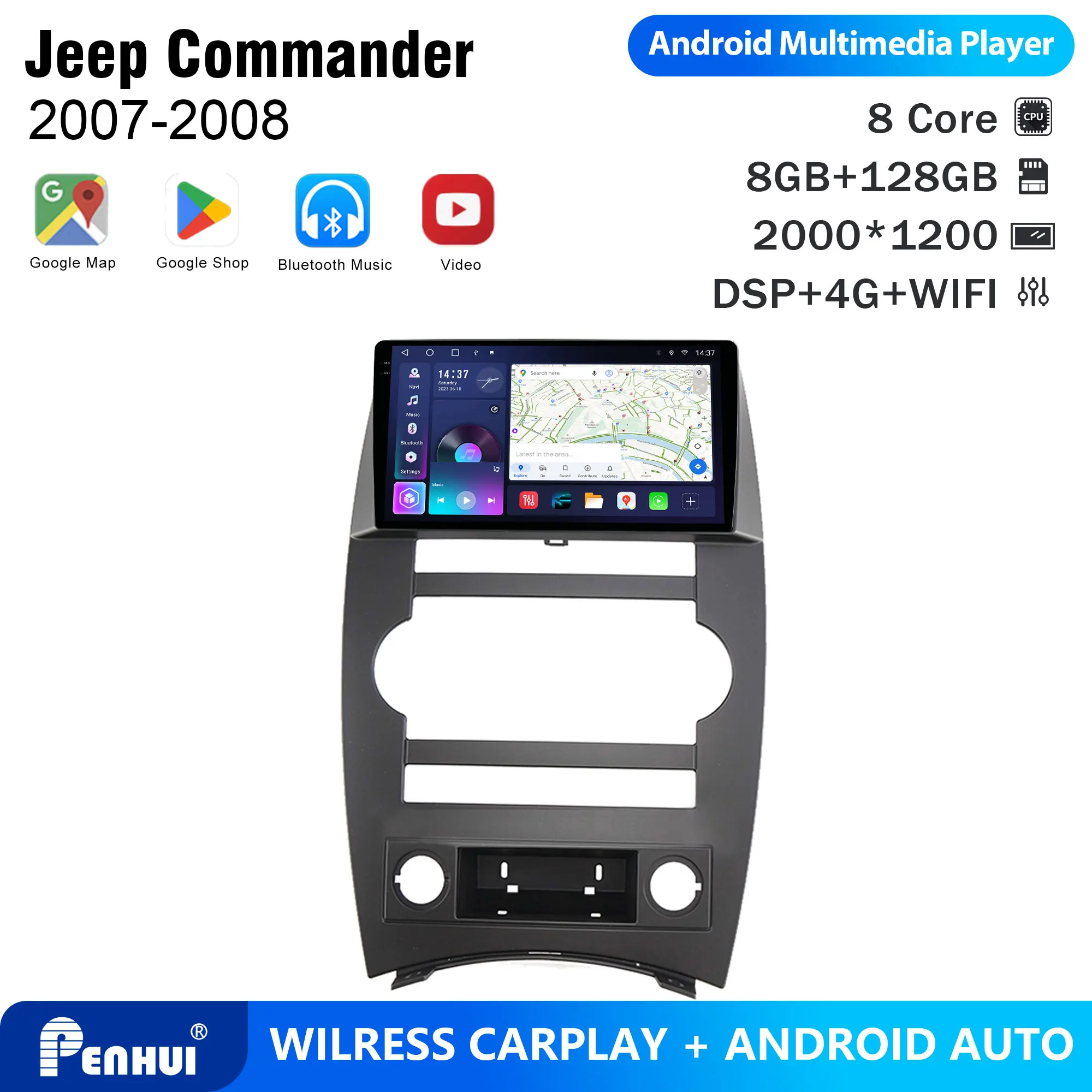 Penhui Android Car DVD Player 2 Din for Jeep Commander 2007-2008 Multimedia Screen with DSP, Bluetooth, Audio & CarPlay