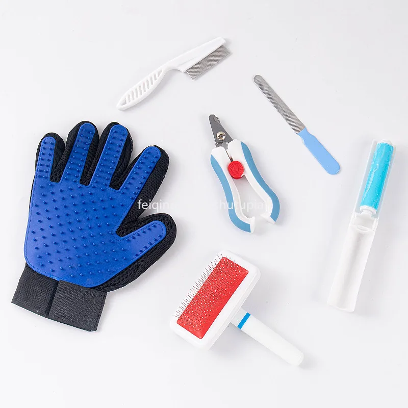 

7 Pcs Pet Grooming Sets Nail Clippers, Flea Combs, Hair Removal Gloves, with Long & Short Stainless Steel Teeth Pet Supplies