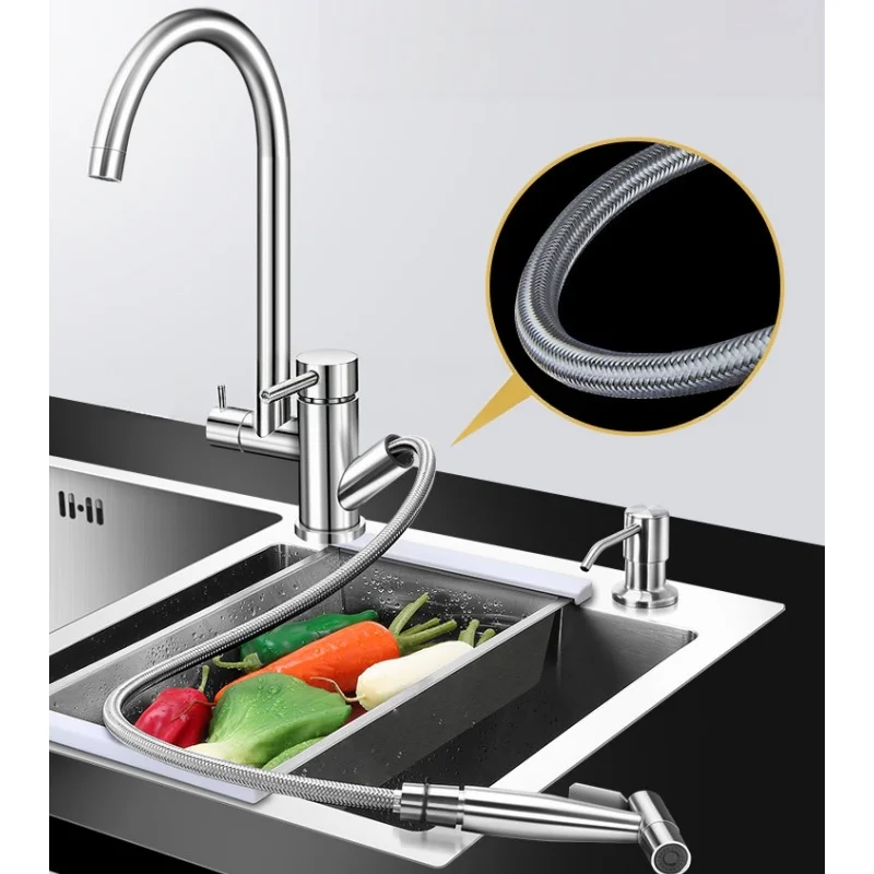 304 Kitchen Faucet Hot and Cold Sink Retractable Rotatable Stainless Steel Multifunctional Sink