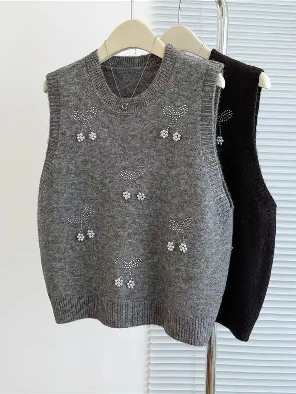 

Белый вишневый бисер осенний вязаный жилет женский консервативный стиль корейский Sueter Mujer жилет без рукавов с круглым вырезом джемпер вязаный топ новый