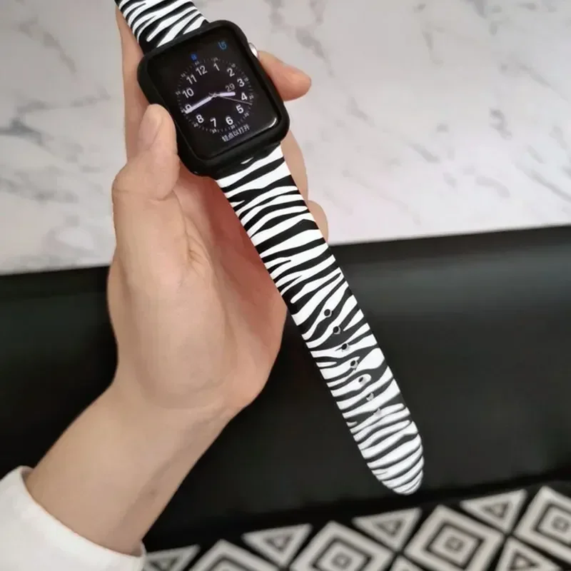 Zebra Print Strap For Apple Watch Band Ultra 49mm 45mm 44mm 42mm 38 40 41mm Silicone Bracelet iWatch 8 7 6 5 4 3 SE Accessories