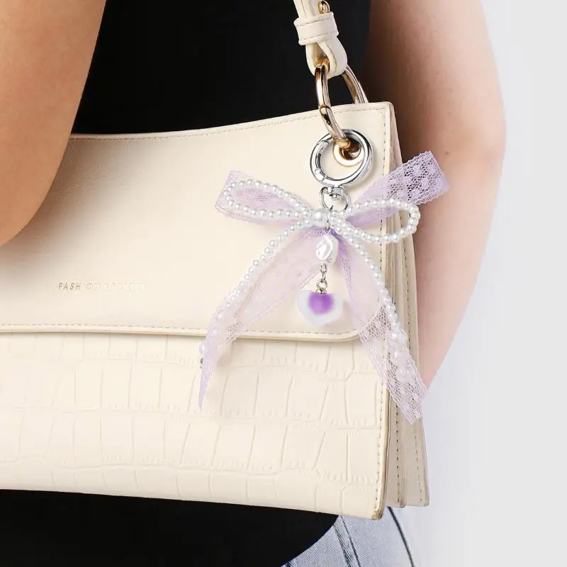 LLavero de cuentas estilo Sweet Ins Y2K elegante cinta de encaje de perlas de imitación llavero con lazo bolso de moda colgante llavero regalos