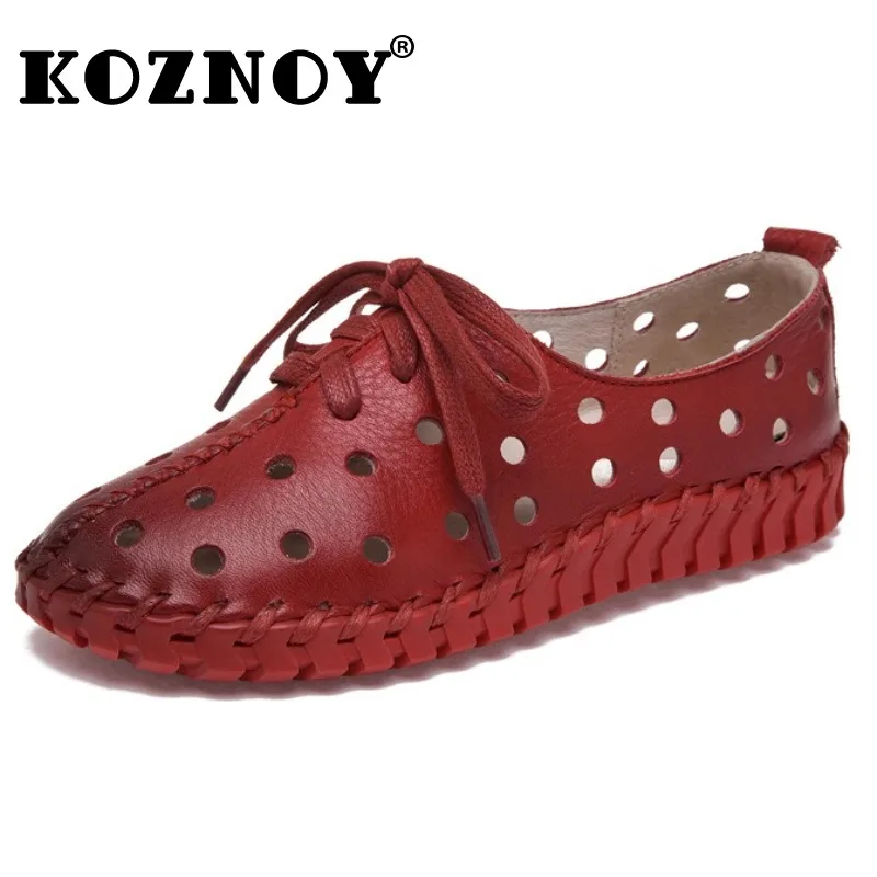 

Koznoy 3cm Genuine Leather Hollow Oxfords Shoes Platform Wedge High Brand Breathable Slipper Loafer Sandals Hollow Flats Women