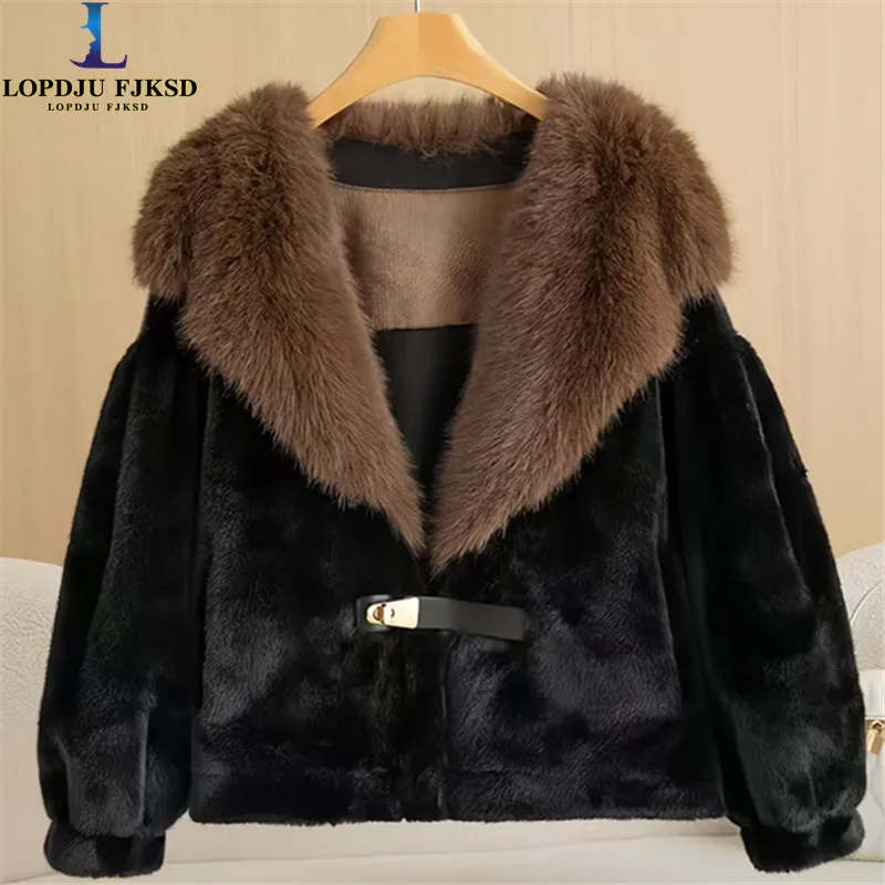 Faux Mink Fur Coat for Women,Single Button Jacket,Turn-down Collar Outwear,Spliced,Autumn and Winter,2025