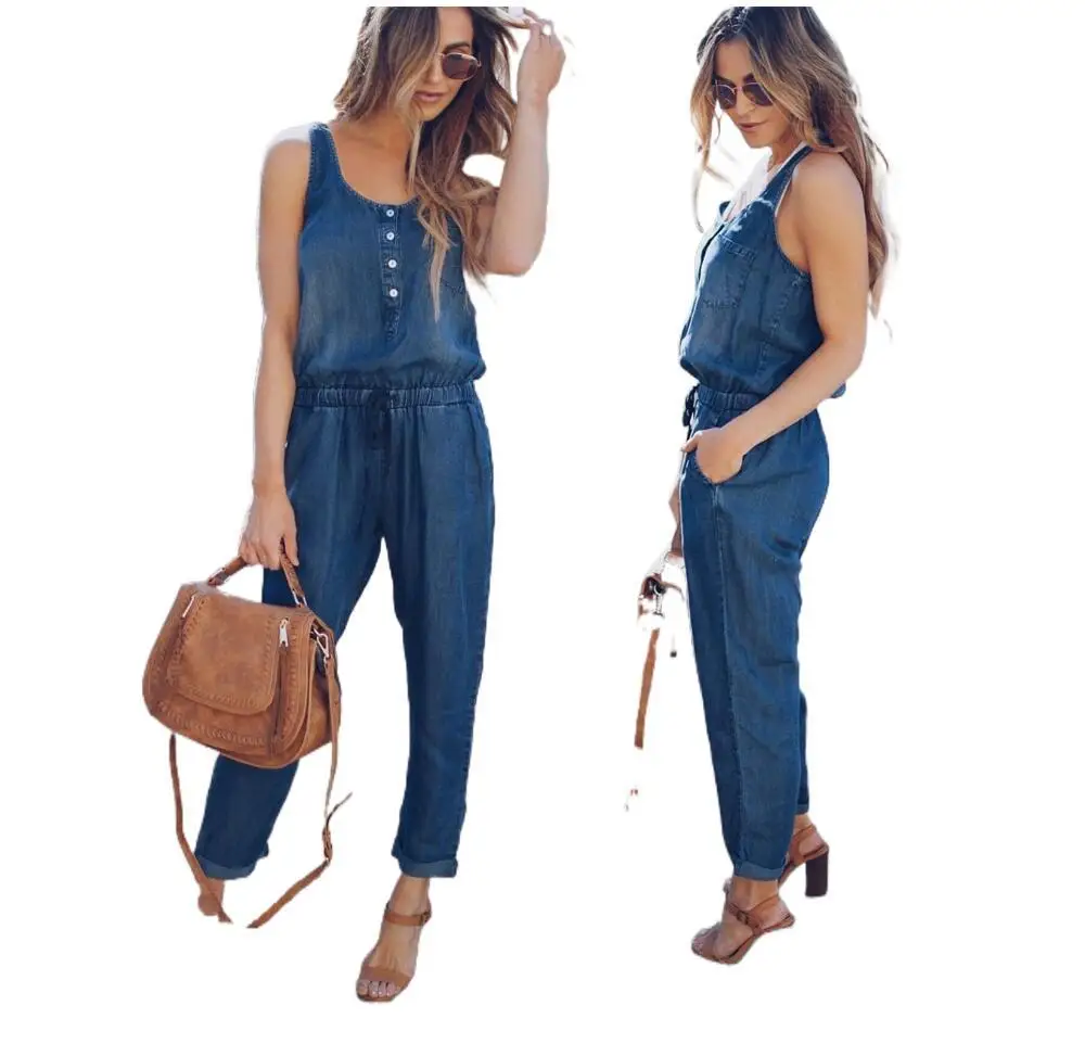 Overall celana jins Vintage wanita, jumpsuit Denim panjang pergelangan kaki, bisa dicuci, 2024 Solid, celana lurus bersaku, kasual longgar