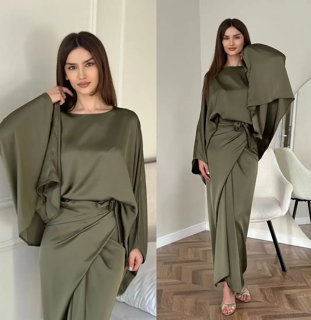 

Saudi Mermaid O-Neck Prom Dresses Long Sleeves Floor Length Pleated Flower Formal Women Temperament Party Evening Dresses