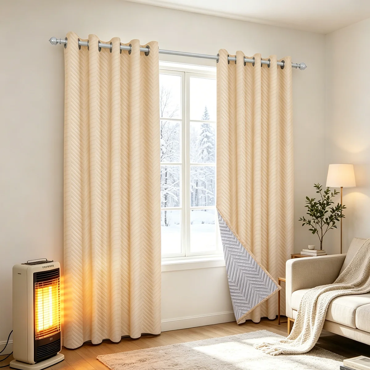 Solid Beige Thermal Insulated Grommet Curtains, Windproof Cold Blocking Soundproof Drapes for Apartment Bedroom Winter Warm Deco
