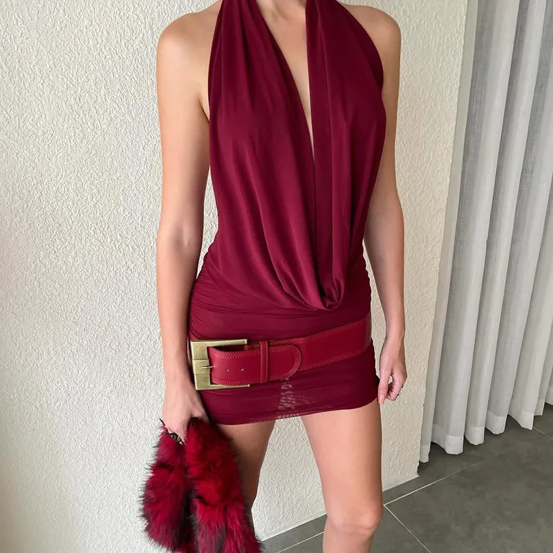 

Summer Sexy Party Club Bodycon Ruched Dress Suits Women Y2K Halter Mini Dress Mesh See Through Maxi Skirt 2 Piece Matching Sets