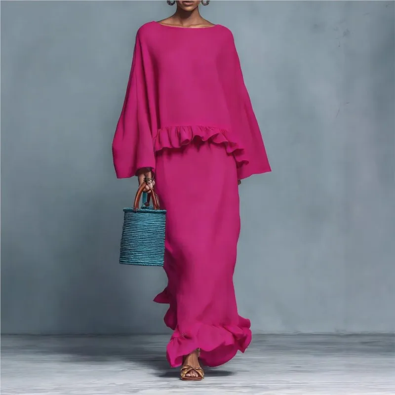 

Retro Casual Women Two-Piece Set 2026 O-Neck Batwing Sleeve Pullover Top + Maxi Skirt Set Oversize Streetwear Skirt Suits Outfit