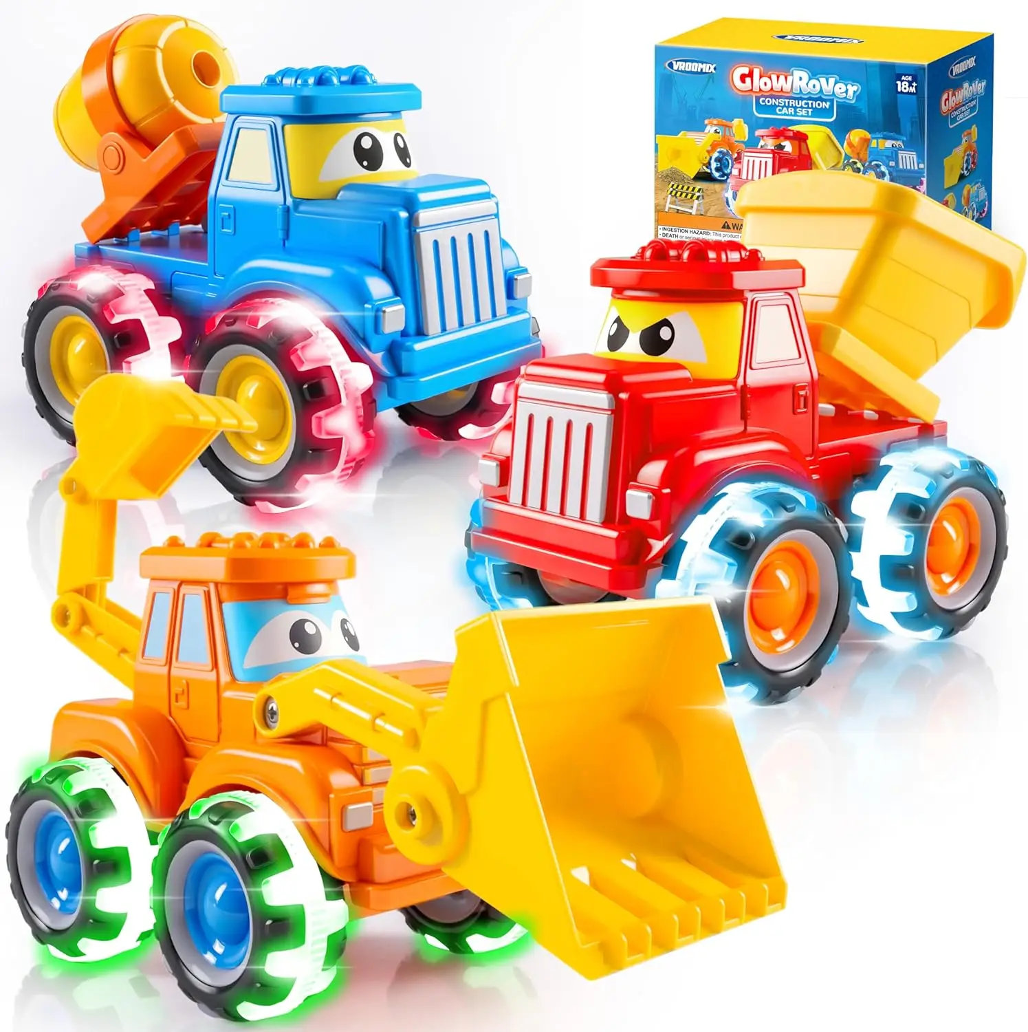 Joyfy GlowRover Confezione da 3 giocattoli Monster Truck Auto da costruzione cittadina con ruote a LED per i più piccoli Ragazzi Ragazza Compleanno Regali di Natale