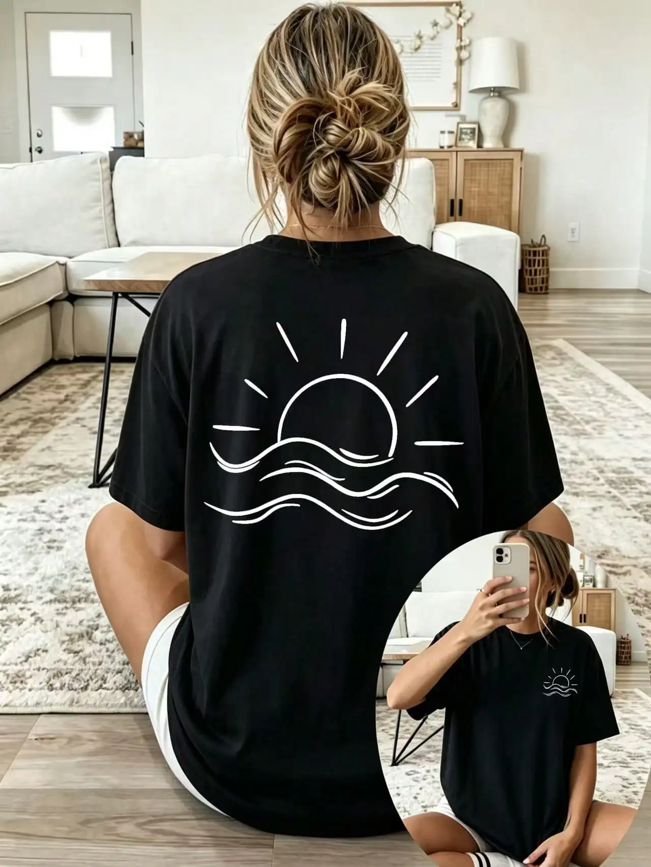 2026 New Summer Collection Double-Sided Print Loose Casual Women's Clothing White Line Sun and Sea Pattern Print Sexy Female top