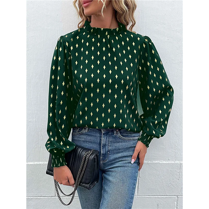 

【SEE】Women's Long-Sleeved Commuter Hot Stamping Shirt Pleated Round Neck Shirt Casual Loose Top