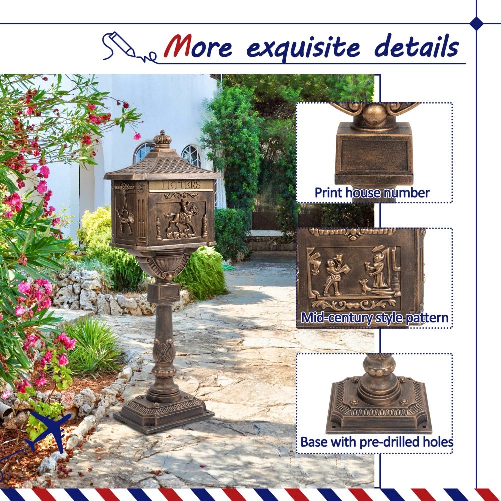 Outdoor Cast Aluminum Mailbox Rustproof Bronze Locking Postbox With Keys Baffle Door Retro Mid-Century Letter Box For Newspaper