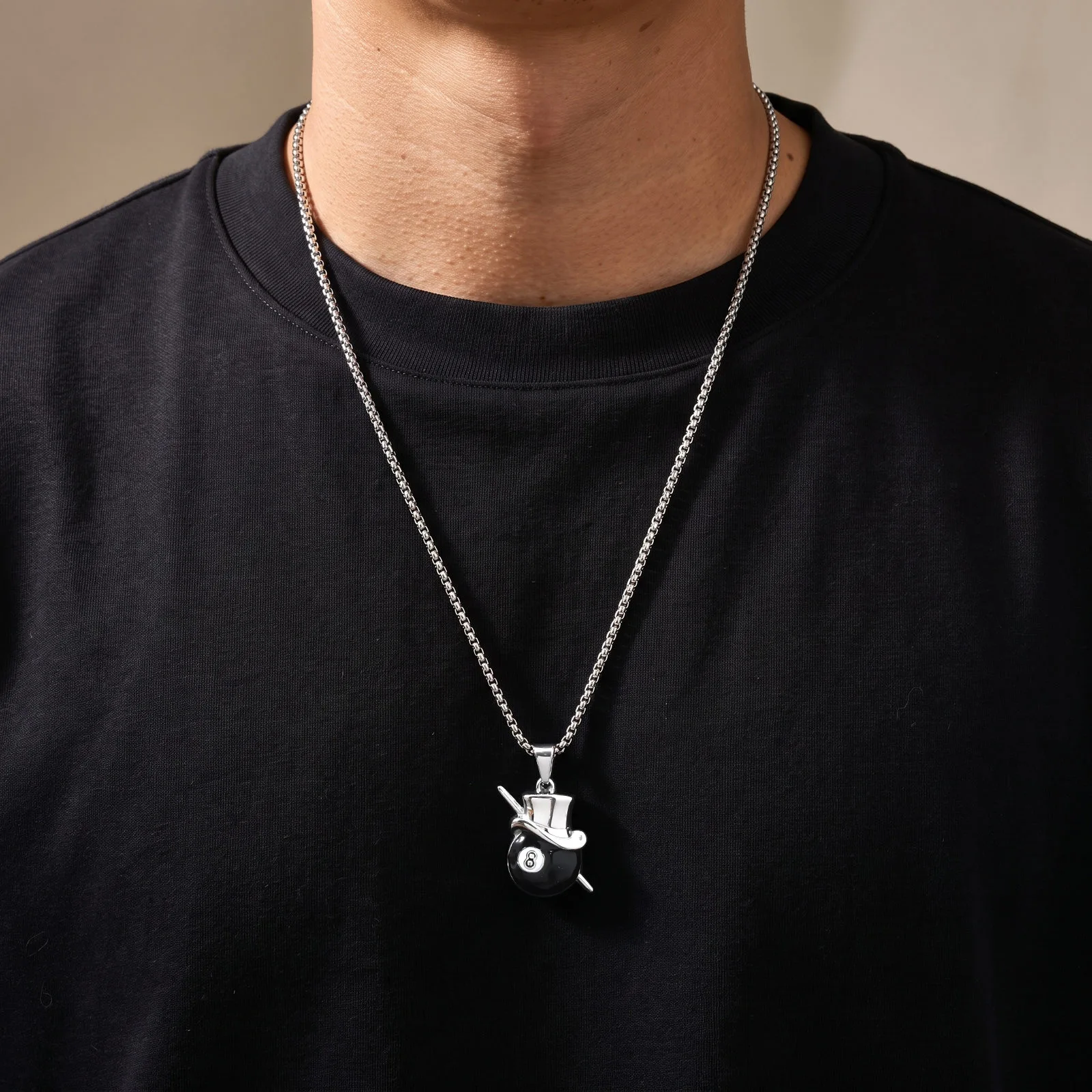 Vnox Men Stainless Steel 8‑Ball Billiard Pendant Necklace, Punk Top Hat Pool Ball Neck Chain, Hip‑Hop Unisex Sports Jewelry Gift