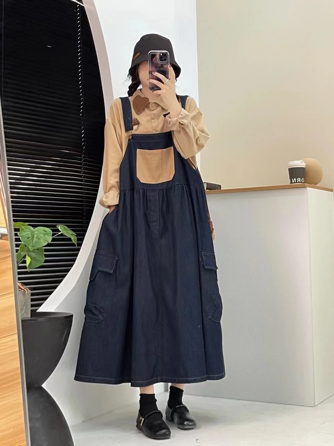 

Retro Korean Sle Denim Patchwork Overalls Dr Loose Workwear Design Faionable Midi Length Casual A-Line Skirt