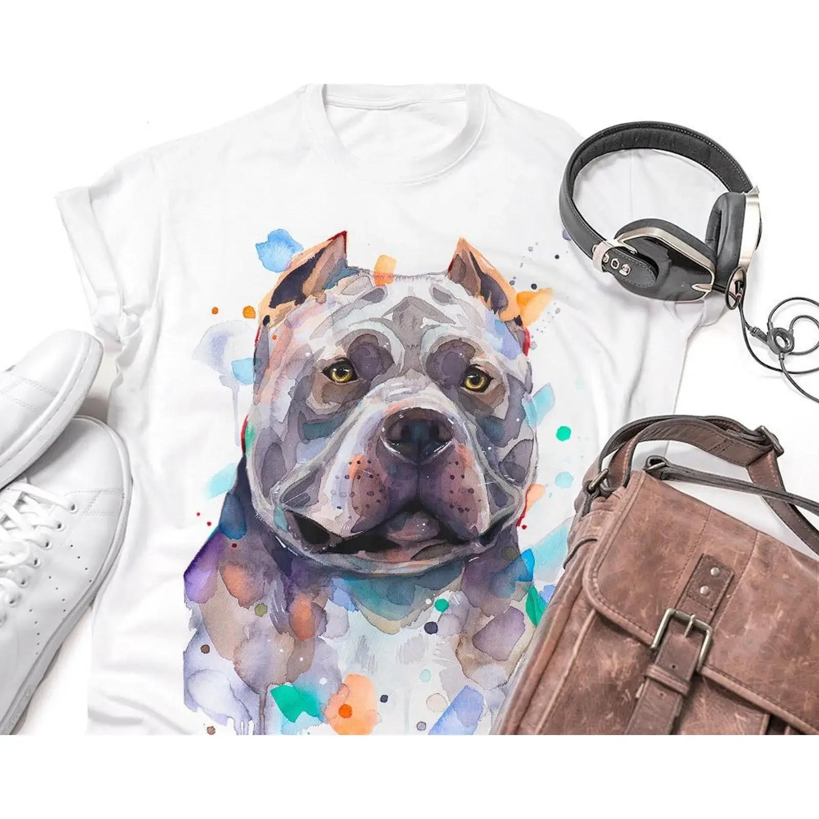 Camiseta con estampado de acuarela de perro American Bully, 100% algodón hilado, informal, con diseño de animal, tallas XS-XXL, estilo vintage, lavado, gráfico, versátil