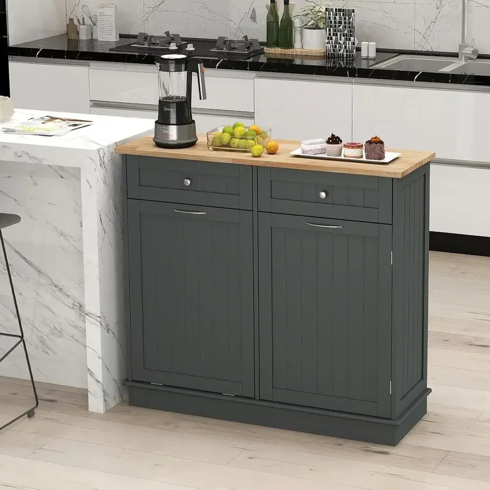 Kitchen Island Trash Cabinet with 2 Drawers, Adjustable Shelf, Rubberwood Counter, Freestanding Laundry Bin, Pet-Proof Garbage C