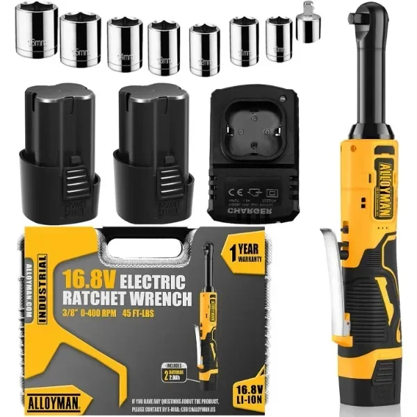 Alloyman 16.8V 2.0Ah Li-Ion Cordless Ratchet Wrench Kit, Yellow, 400 RPM, 7 Sockets, 1/4 Inch Adapter, 1 Hour Fast Charge