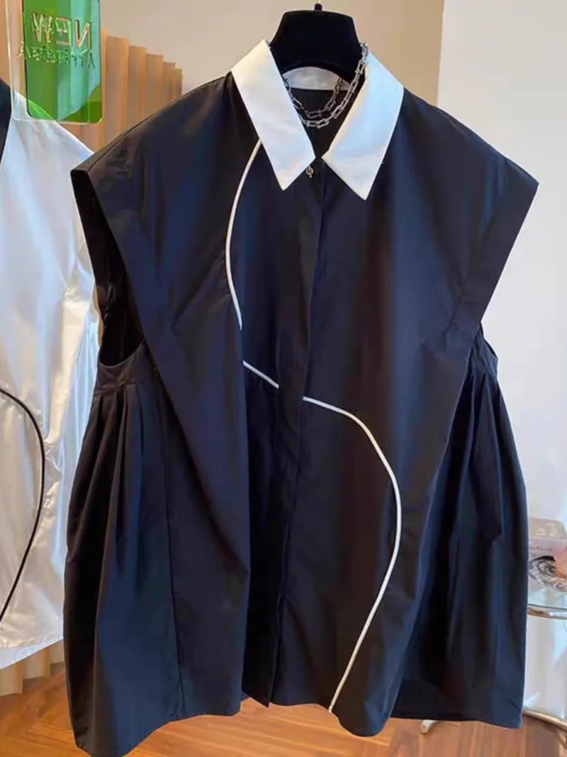 Camisa sin mangas con carácter para Mujer, blusa Sexy con solapa, color blanco y negro, para verano, 2024