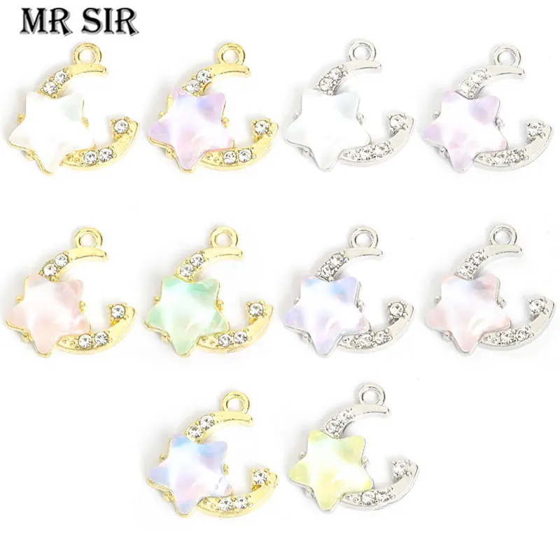 10pcs Moon Inlaid Crystal Glass Stars Charms Fashion Rhinestone Crescent Shape Creative Colorful DIY Jewelry Pendant Accessories