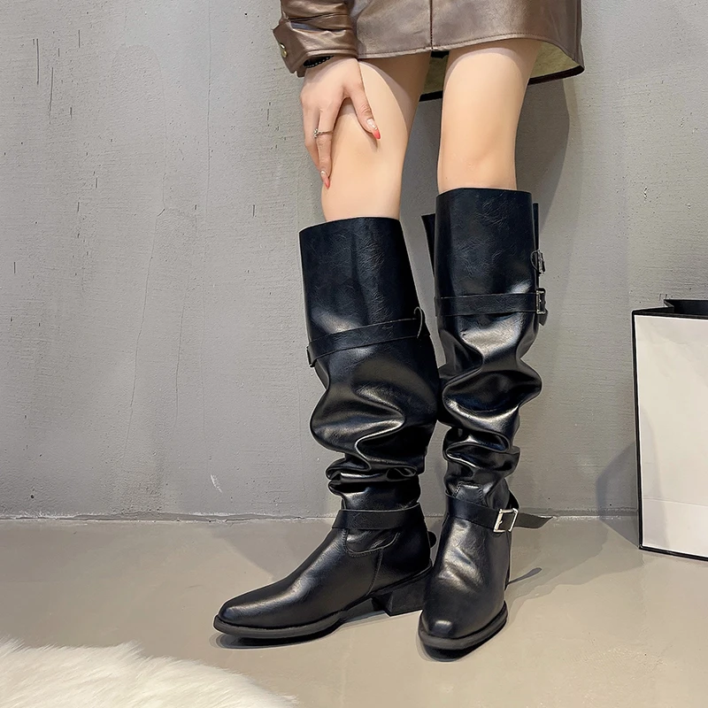 autumn-winter-thick-heel-women-knee-high-boots-fashion-pleated-belt-buckle-shoes-ladies-mordern-long-botas-de-mujer