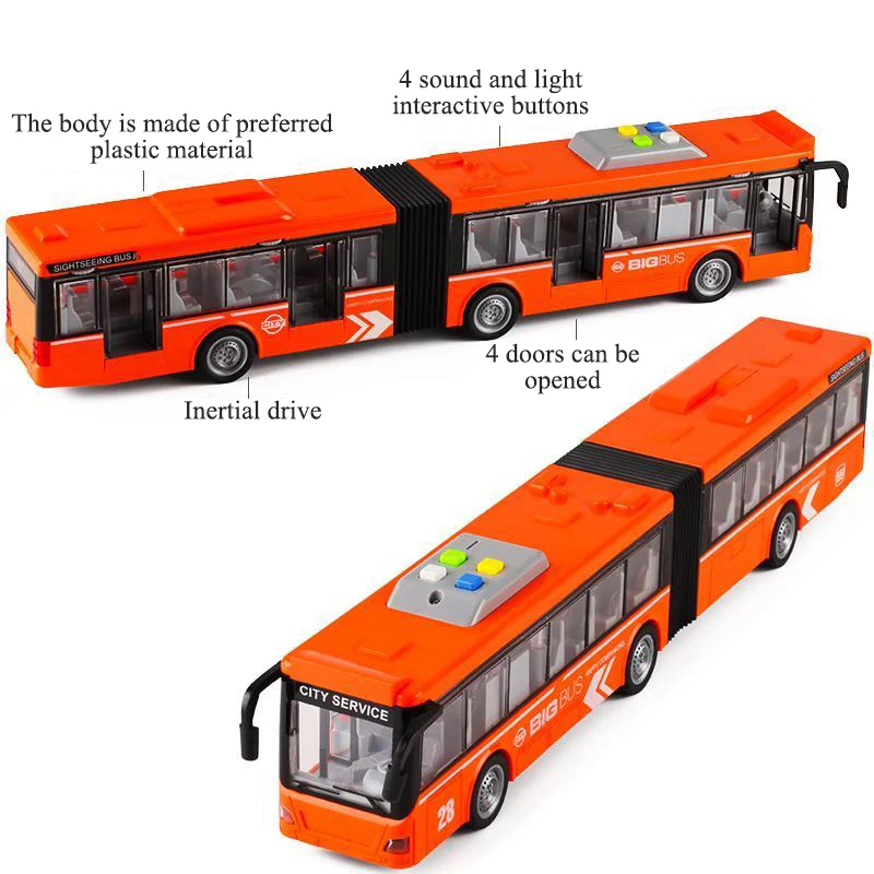 Modelo de fundição de ônibus articulado, grande simulação, inércia, luz sonora, seção dupla, brinquedos do carro do campus para crianças