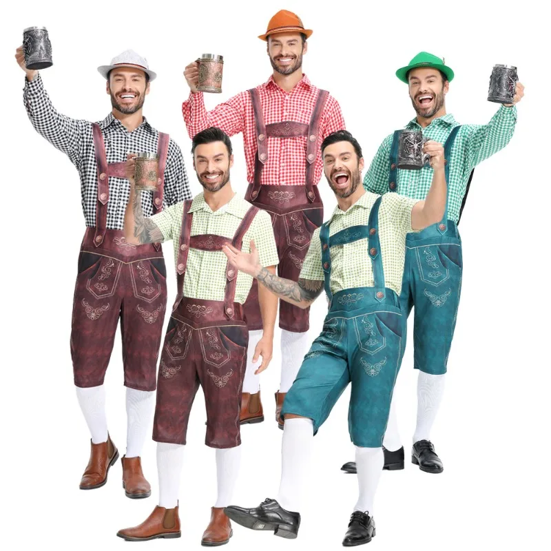 

Halloween German Oktoberfest Costume Men Outfit Munich Beer Festival Plaid Overall Party Cosplay Costumes Stage Performance