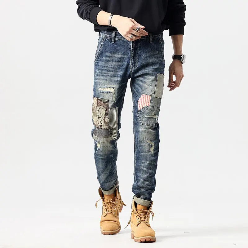 

2024 Spring and Autumn New Fashion Trend Printed Ripped Jeans Men's Casual Relaxed Comfortable Stretch High Quality Denim Pants