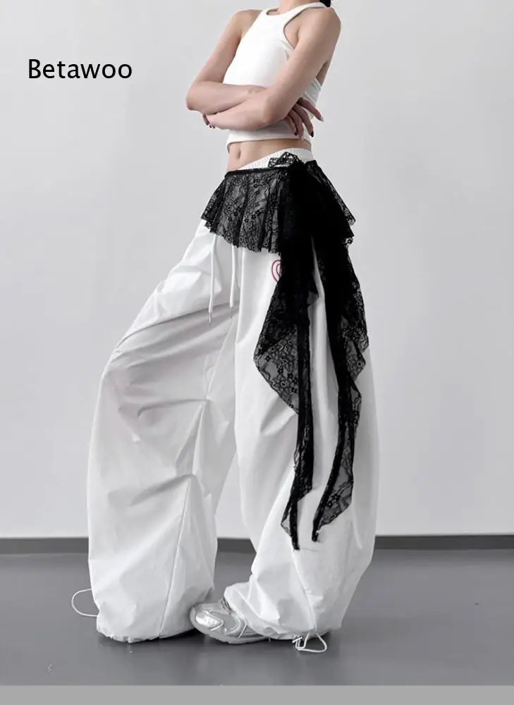 Plain Ribbed Sleeveless Crop Top Loose Drawstring Cuff Wide Leg Pants Detachable Asymmetrical Lace Waist Layer
