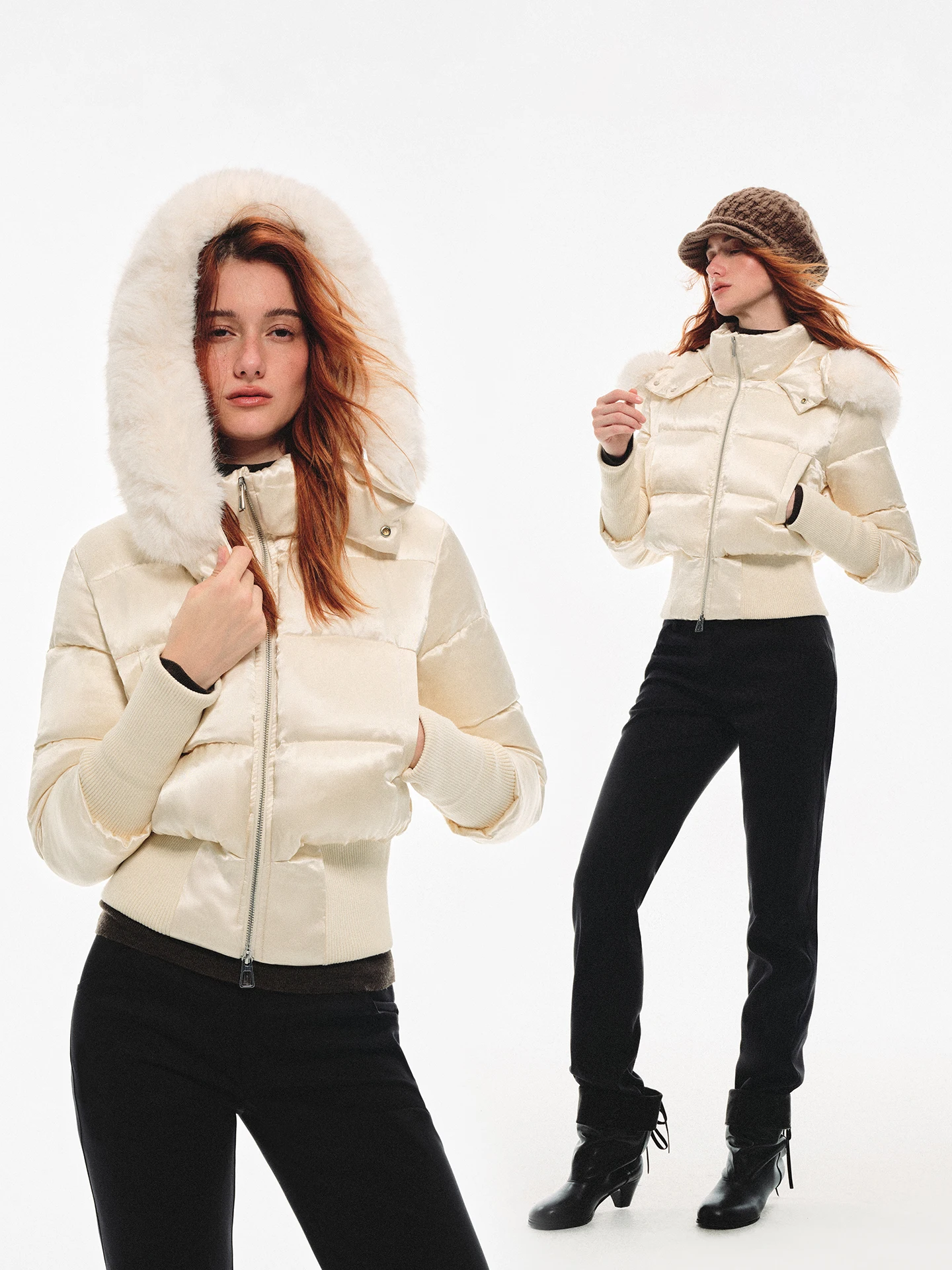 

Женская свободная теплая зимняя куртка-пуховик Trendkill цвета шампань с капюшоном и меховым воротником, 90% белый пух, повседневная верхняя одежда