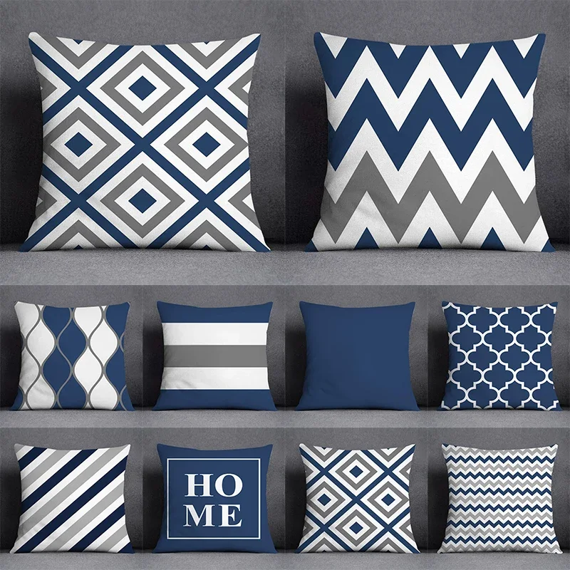 Geometric Pattern Cushion Cover – Blue & Grey Polyester Pillowcase for Sofa, Throw Pillow & Home Decor