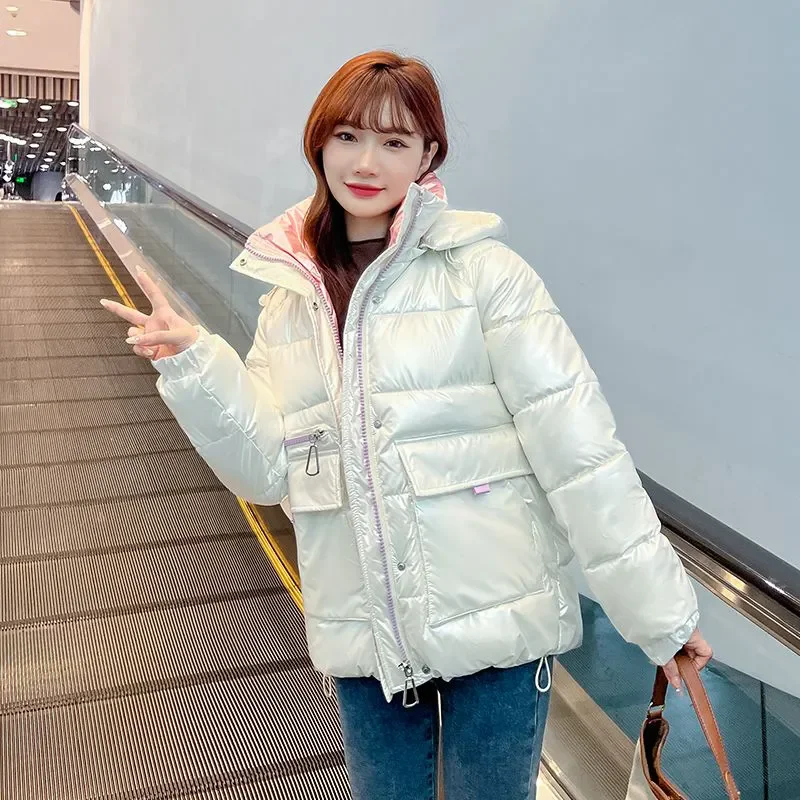 Bright Down Cotton-Padded Jacket Women\'s Outwear Korean Loose Bright Leather Cotton Coat Winter New Hooded Thick Warm Parka
