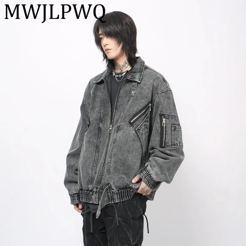 

MWJLPWQ American Deconstructed Silhouette Vintage Gray Denim Jacket For Men Spliced Design Loose High Street Casual Coat 21088