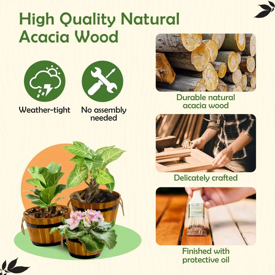 مكون من 3 صناديق زهور خشبية في الهواء الطلق، مزارعي أسطوانات خشبية متينة للنباتات الخارجية بمقابض مريحة وفتحات تصريف،