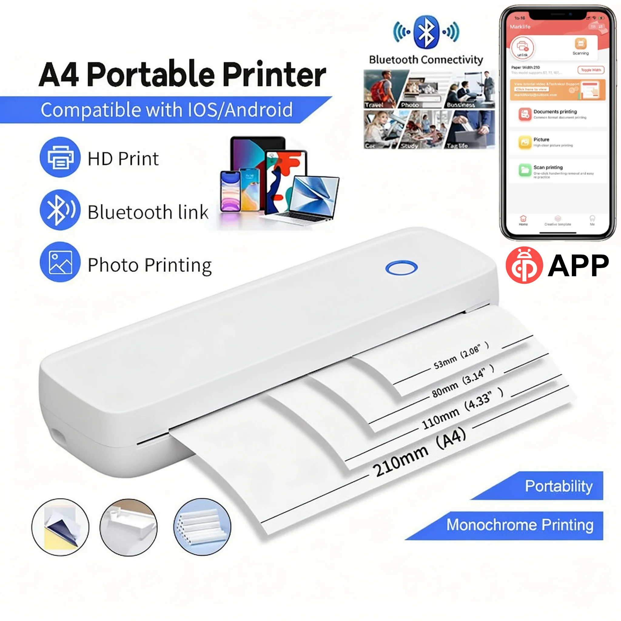A4 Tattoo Stencil Inkless Thermal Printer 203dpi, Wireless Mini Printer, A4/A5 US Letter, Tattoo Transfer for Android iOS Laptop