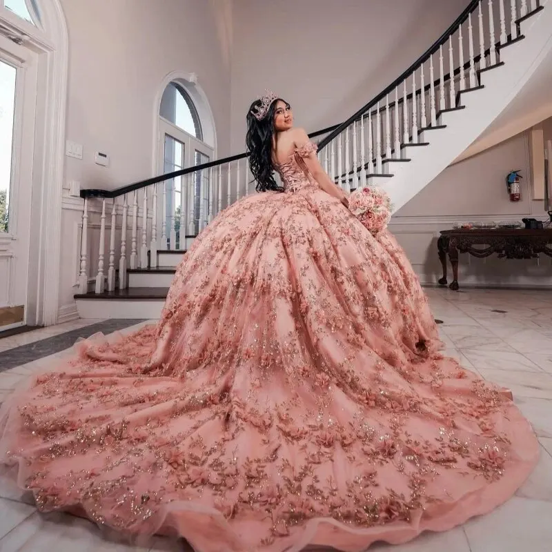 2024 vestidos de quinceañera de princesa rosa brillante apliques de cuentas vestido de fiesta de flores de encaje tul elegante dulce personalizado