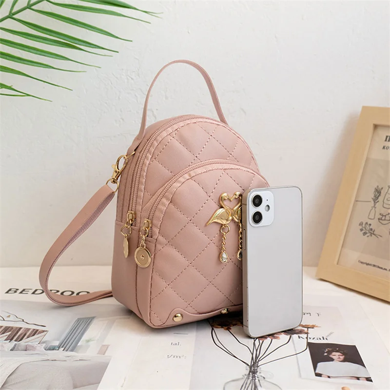 Rhombus Student Double-layer Backpack Women Fashion Swan Tassel Pendant Mini Backpack