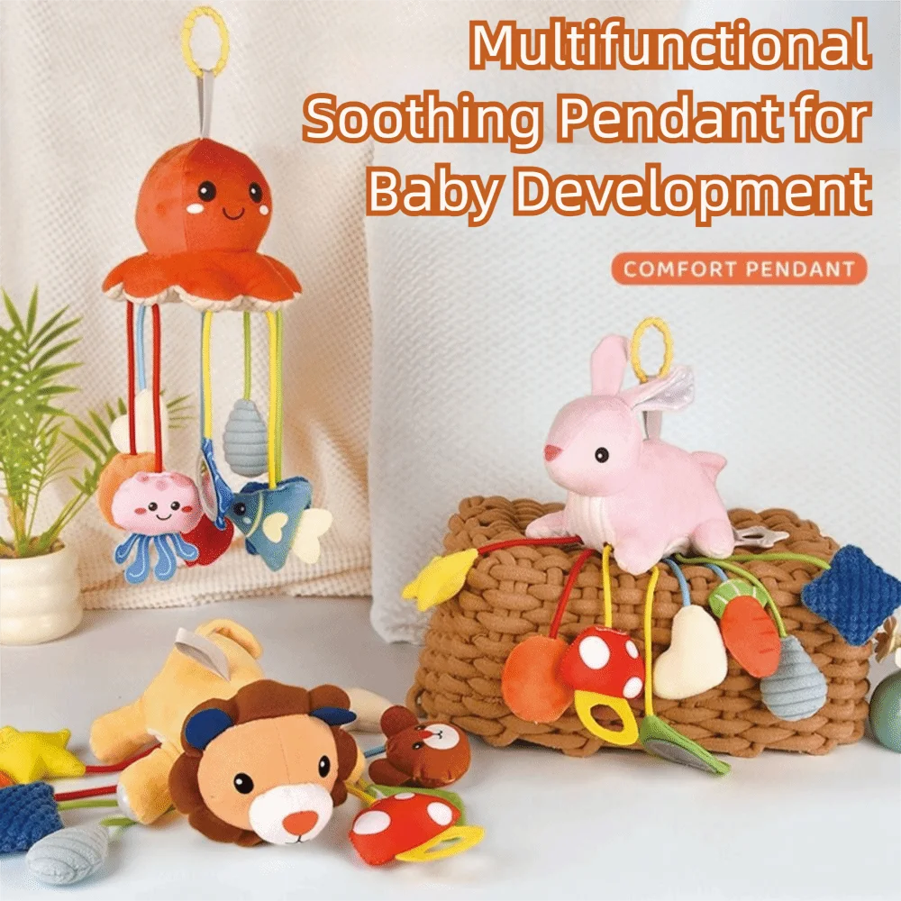Cute Animal Design Sensory Stroller Hanging Ornaments Pull String Distorting Mirror Animals Bed Bell Soft Teether Bell Sound
