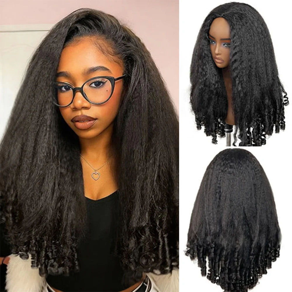 Kinky Straight Burmese Curly Half Wig Human Hair Glueless Wig 3 IN 1 Half Wig Clip Drawstring Kinky Straight Glueless Half Wig