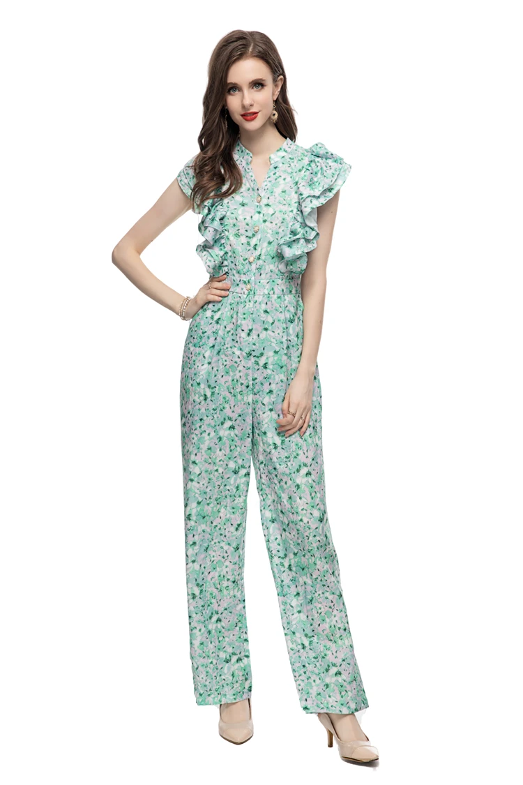 Women's Runway Jumpsuits& Rompers V Neck Sleeveless Ruffles Printed Lace Up Bow Floral High Street Fashion Designer Pants