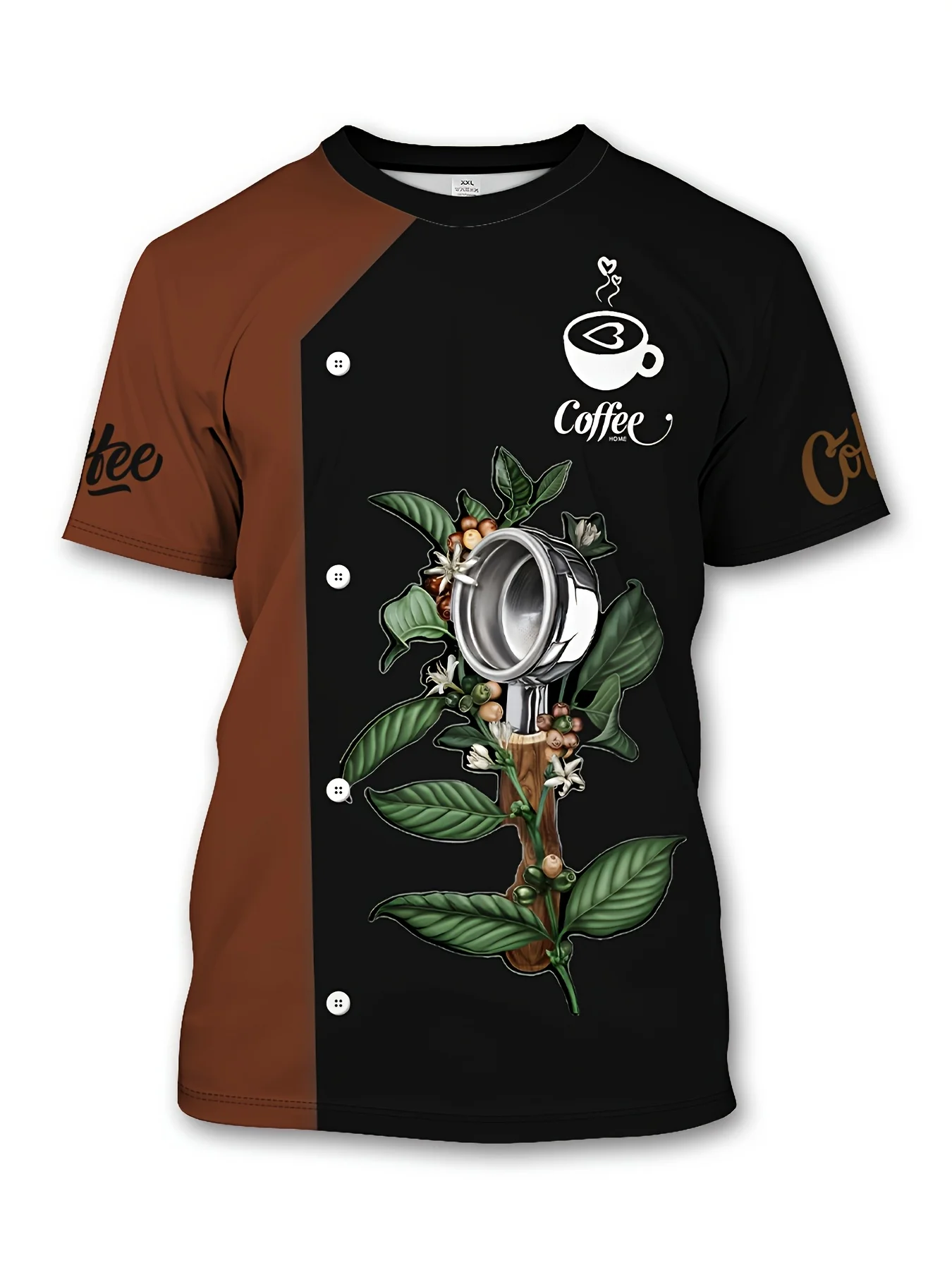 2026 3D Print Coffee Bean Portafilter Chef T‑Shirt Brown‑Black Splicing Short‑sleeve Cafe Barista Staff Uniform Work Tee Tops