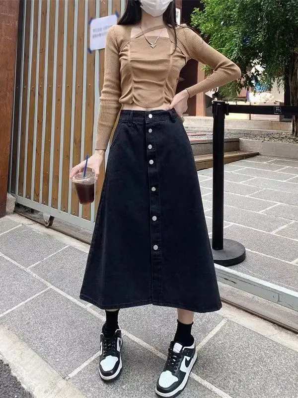 High Waist A-Line Denim  Skirt for Women Black Loose Slimming Single Button Casual Versatile Mid-Length Skirt
