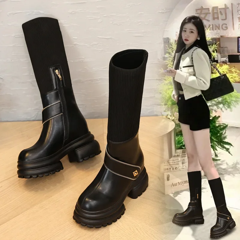 Fujin 8cm New Sock Genuine Leather Stretch Fabric Booties Block Knee High Boots Women Platform Wedge Fashion Autumn Spring Shoes