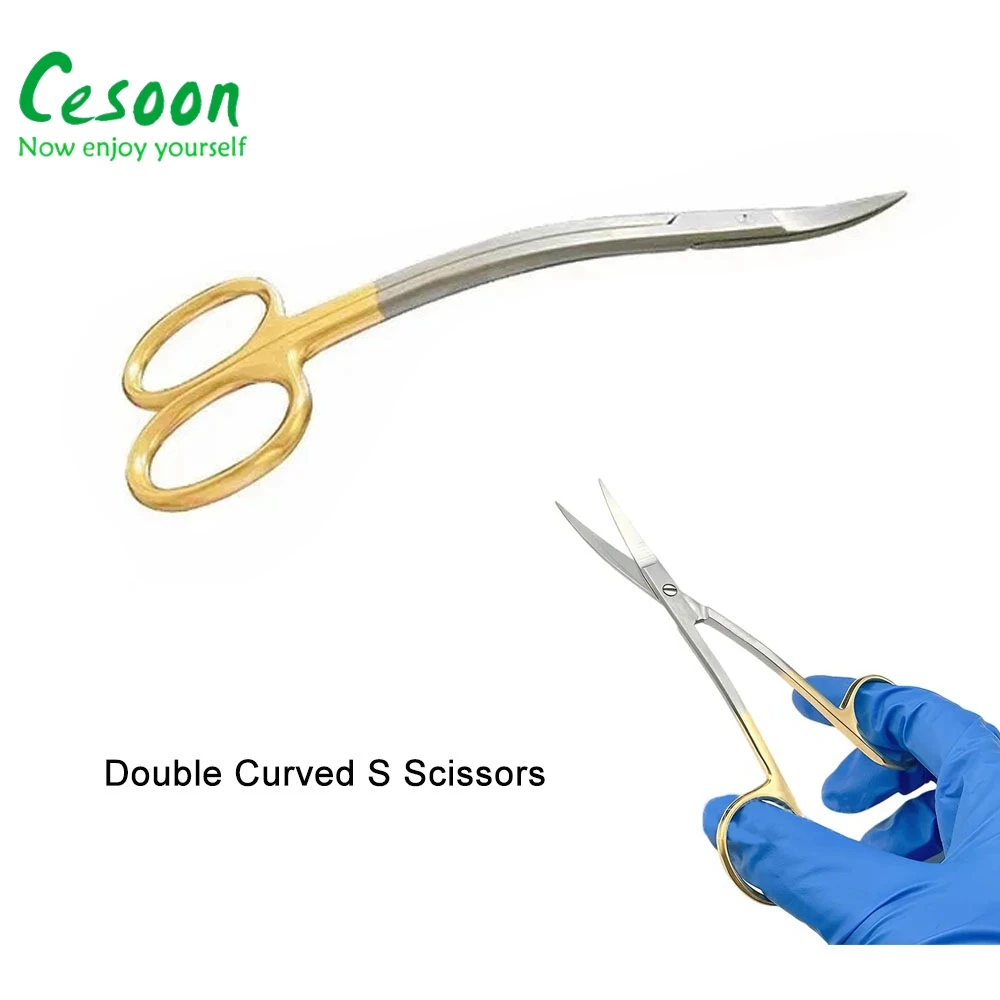 11.5CM Dental Surgical Double Curved S Scissors Gold Plated Handle Stainless Steel Dental Tools for Clinic Lab Instrument