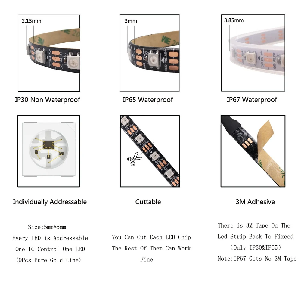 Tira de Led direccionable individualmente, luz inteligente 5050RGB WS2812 píxeles, PCB negro/blanco, DC5V WS2812B, 74/96/144Led/m, IP30/65/67