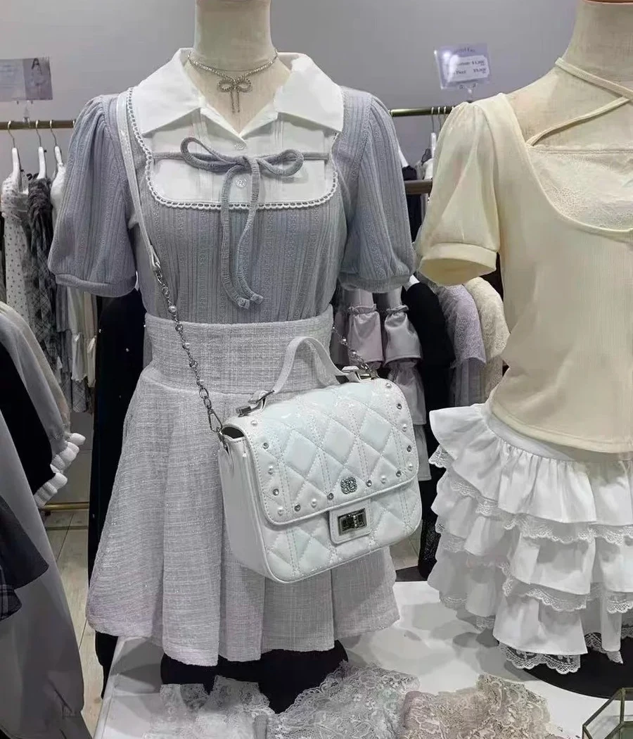 Clearly Original Japanese Style Sweet Bows Shirt Collar Patchwork Jacquard Stripes Short-sleeved T-shirt Women Girls T Shirt