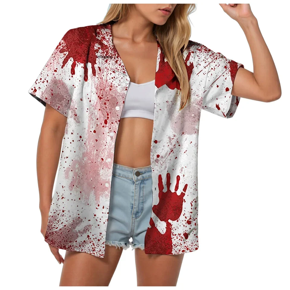 

Button Down Halloween Print Shirt Women Soft Casual Blood Hands Graphic Printed Shirt Ladies Party Shirts Blusas Para Mujer
