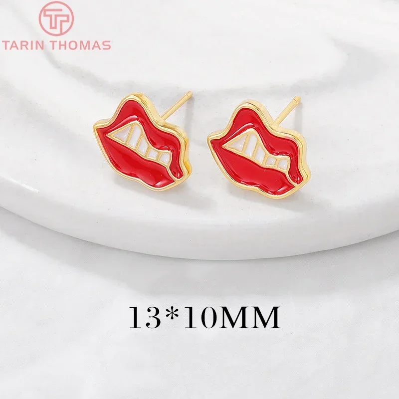 (2493)6PCS 13x10MM Hole 1MM 24K Gold Color Brass Dripping Oil Lips Stud Earrings High Quality Diy Jewelry Findings Accessories